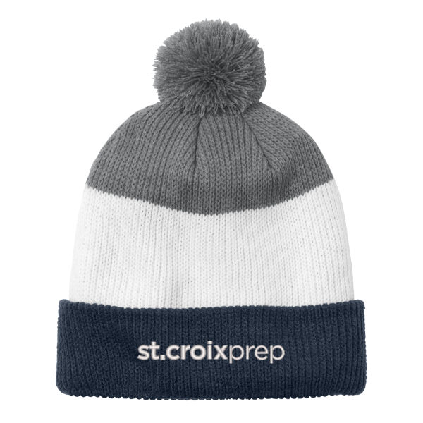 **CLOSEOUT ITEM** Cozy Striped Pom Beanie - Embroidered Logo Thumbnail